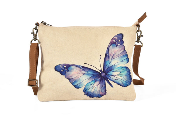 Handcrafted Genuine Leather Cotton Canvas Bags- Indigo Butterfly