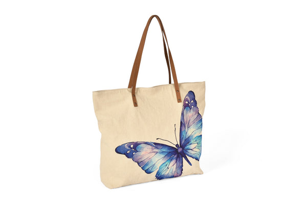 Handcrafted Genuine Leather Cotton Canvas Bags- Indigo Butterfly